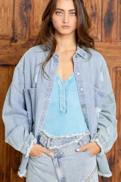Oversized Denim Patch Fringe Shacket by POL