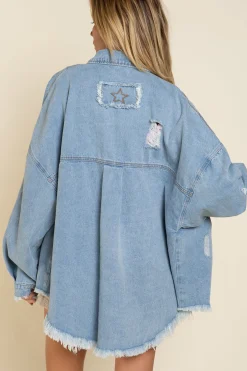 Oversized Denim Patch Fringe Shacket by POL
