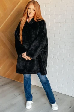 Oversized Velour Blanket Hoodie in Black
