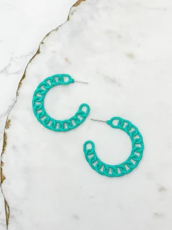 Painted Metal Chain Hoop Earrings - Teal
