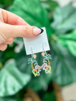 Palm Flamingo Enamel Dangle Earrings