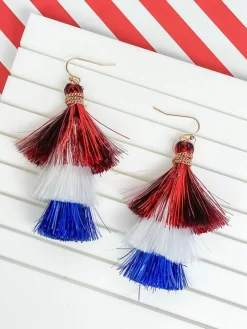 Patriotic Tinsel Tiered Tassel Earrings
