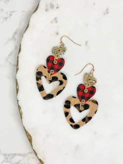 Patterned Heart Trio Tiered Dangle Earrings - Leopard