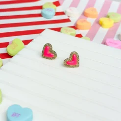 Pave Enamel Heart Stud Earrings - Hot Pink