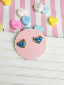 Pave Enamel Heart Stud Earrings - Aqua