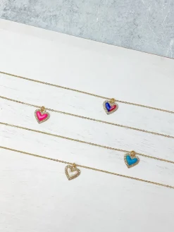 Pave Pendant Enamel Heart Necklace - Aqua