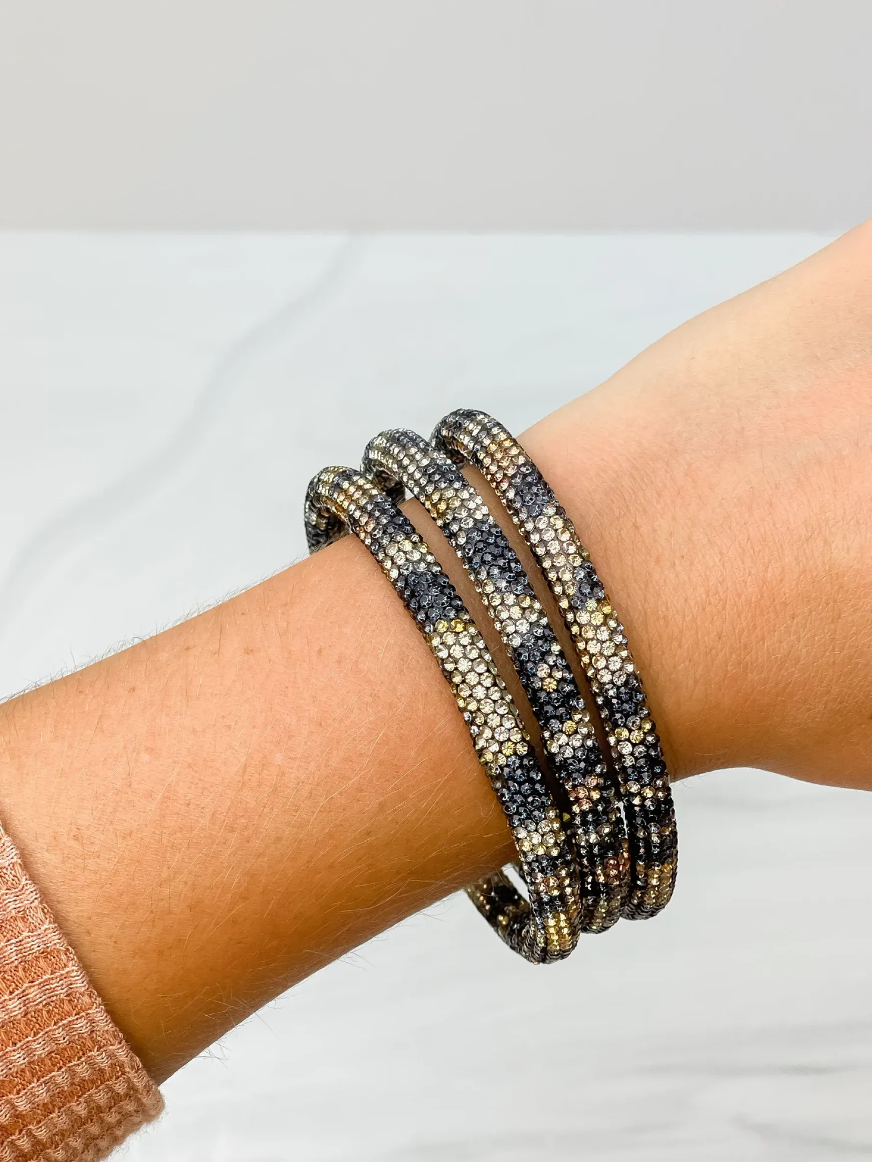 Pave Rhinestone Bangle Set - Leopard