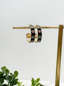 Paw Pattern Enamel Hoop Earrings - Black Multi