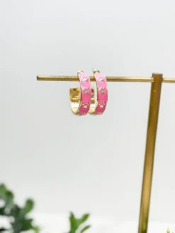 Paw Pattern Enamel Hoop Earrings - Pink & Gold