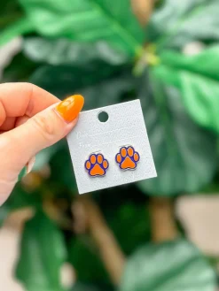 Paw Print Enamel Stud Earrings - Orange & Purple