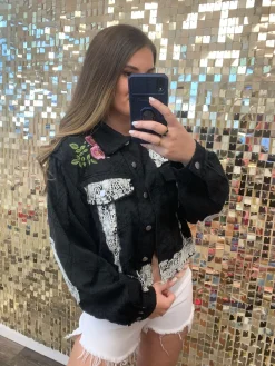 'PEACE' Embroidered Textured Lace Jean Jacket by POL - Black Multi