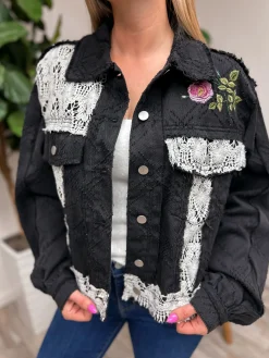 'PEACE' Embroidered Textured Lace Jean Jacket by POL - Black Multi