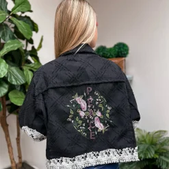 'PEACE' Embroidered Textured Lace Jean Jacket by POL - Black Multi