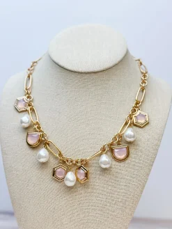 Pearl & Iridescent Stone Charm Necklace - Pink