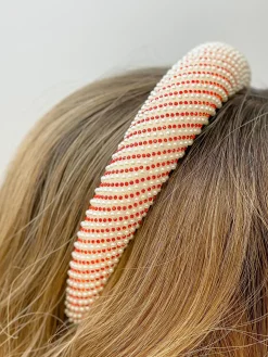 Pearl & Rhinestone Striped Padded Headband - Red