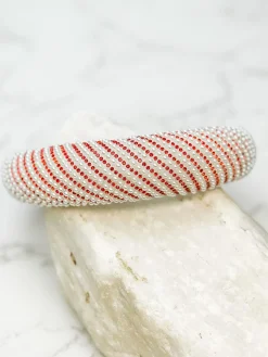 Pearl & Rhinestone Striped Padded Headband - Red