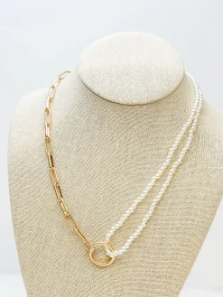 Pearl Bead & Gold Paperclip Asymmetrical Necklace