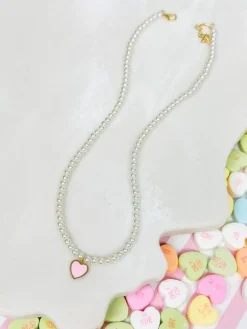Pearl Bead Heart Charm Necklace - Pink