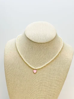 Pearl Bead Heart Charm Necklace - Pink