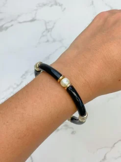 Pearl Beaded Acrylic Tube Bracelet - Black