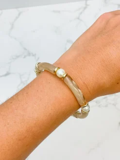 Pearl Beaded Acrylic Tube Bracelet - Beige