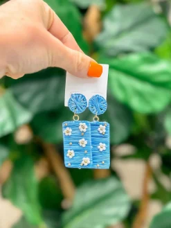 Pearl Beaded Flower Raffia Statement Earrings - Blue