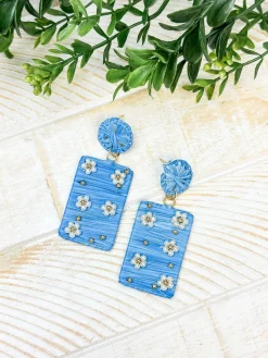 Pearl Beaded Flower Raffia Statement Earrings - Blue
