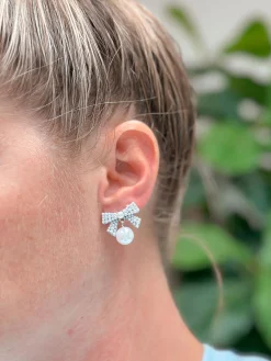 Pearl Bow Post Earrings - Silver