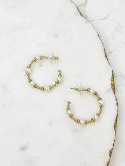 Pearl Cable Hoop Earrings - Gold