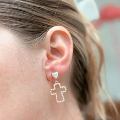 Pearl Lined Cross Dangle Earrings - Gold