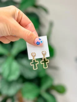 Pearl Lined Cross Dangle Earrings - Gold