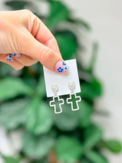 Pearl Lined Cross Dangle Earrings - Silver