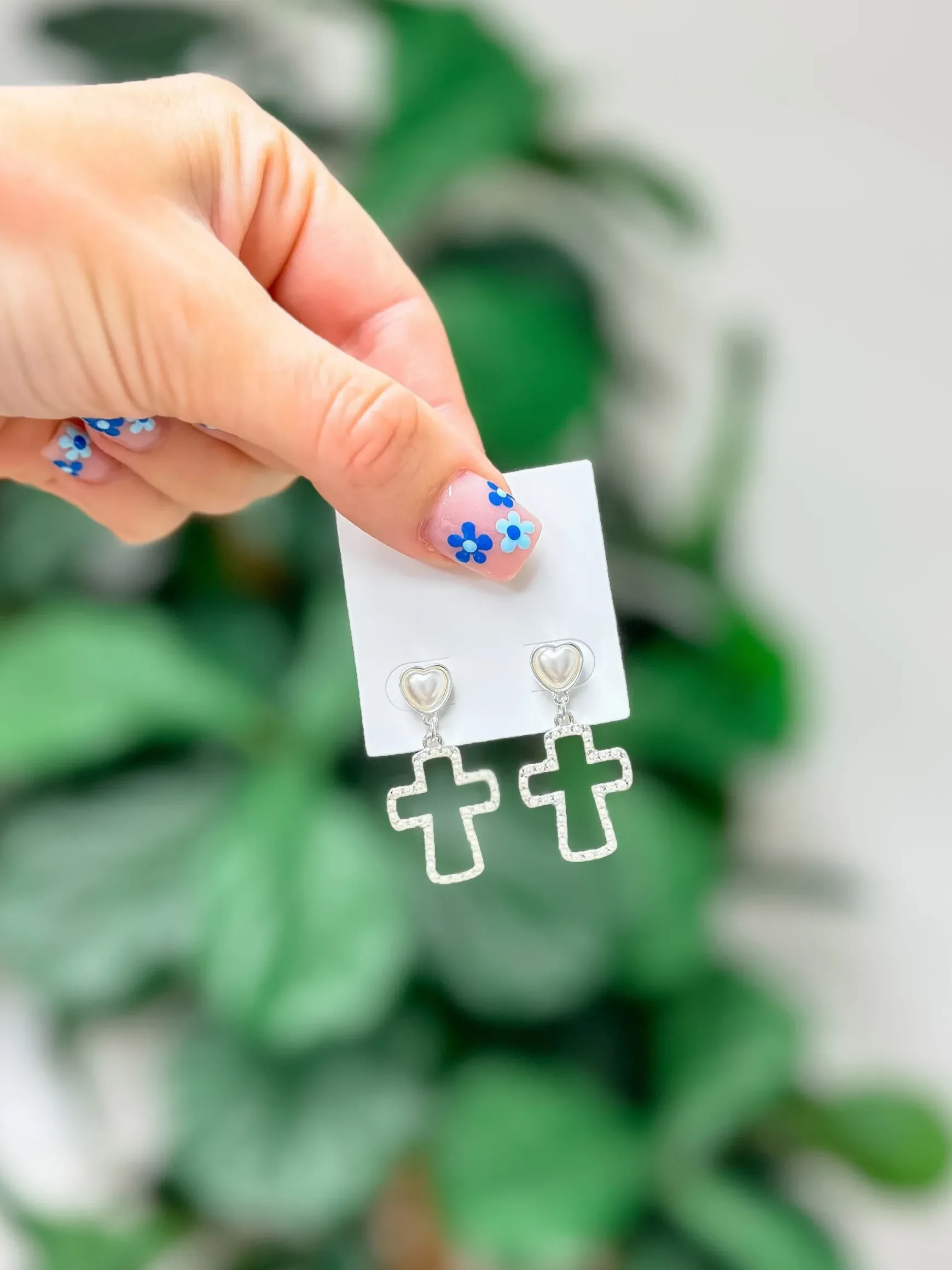 Pearl Lined Cross Dangle Earrings - Silver