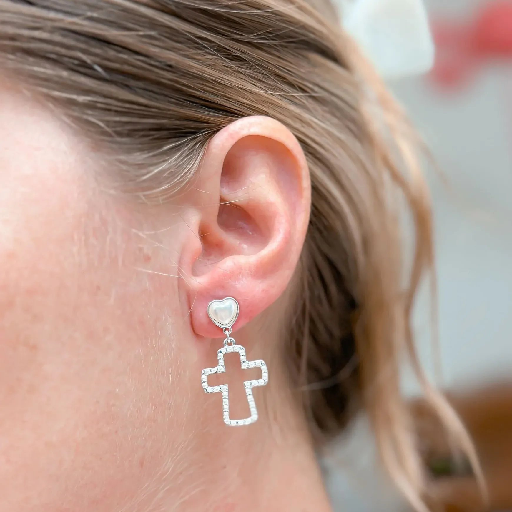 Pearl Lined Cross Dangle Earrings - Silver