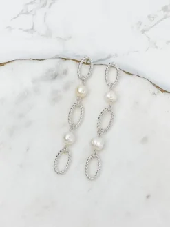 Pearl Link Dangle Earrings - Silver