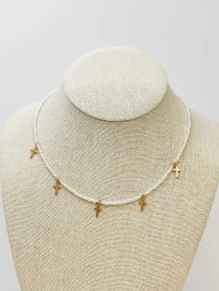 Pearl Strand Cross Station Necklace - Gold