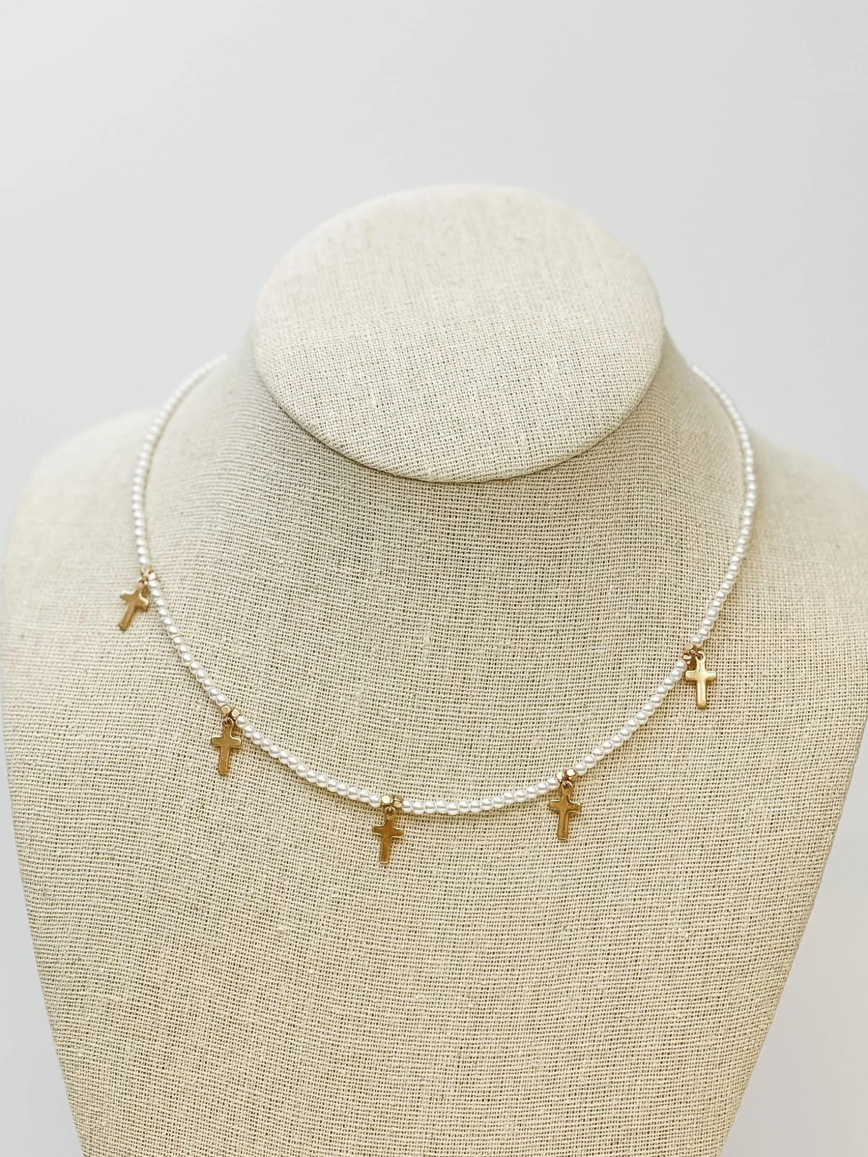 Pearl Strand Cross Station Necklace - Gold