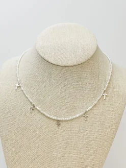 Pearl Strand Cross Station Necklace - Silver