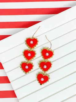 Pearly Heart Trio Dangle Earrings - Red