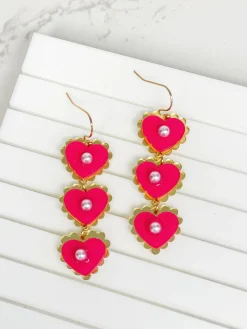 Pearly Heart Trio Dangle Earrings - Hot Pink
