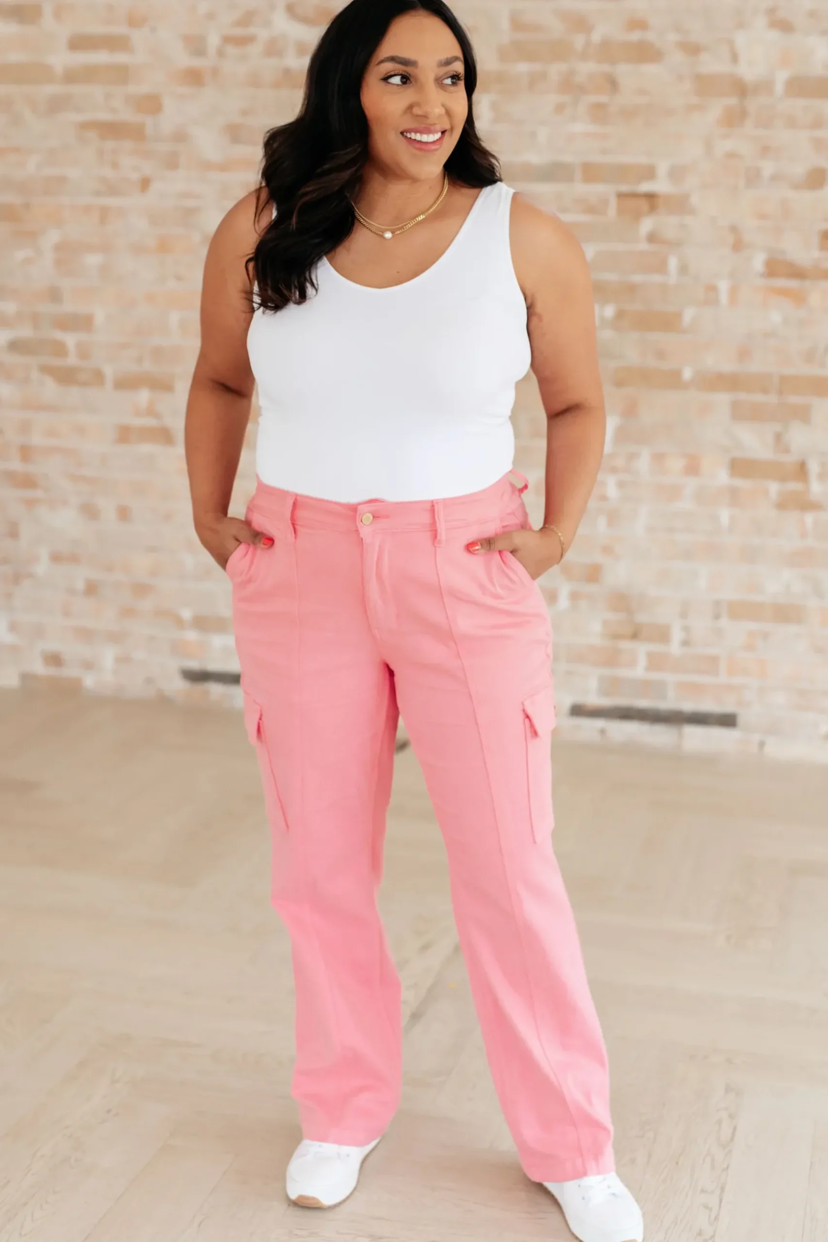 Peggy High Rise Cargo Straight Jeans by Judy Blue in Pink