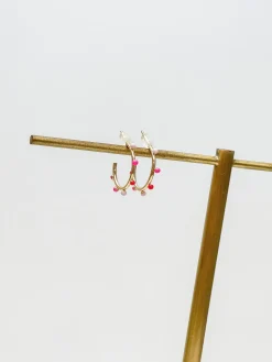 Petite Enamel Studded Hoop Earrings - Pink
