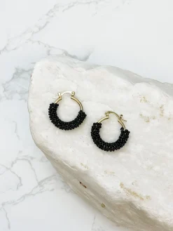 Petite Seed Bead Hoop Earrings - Black