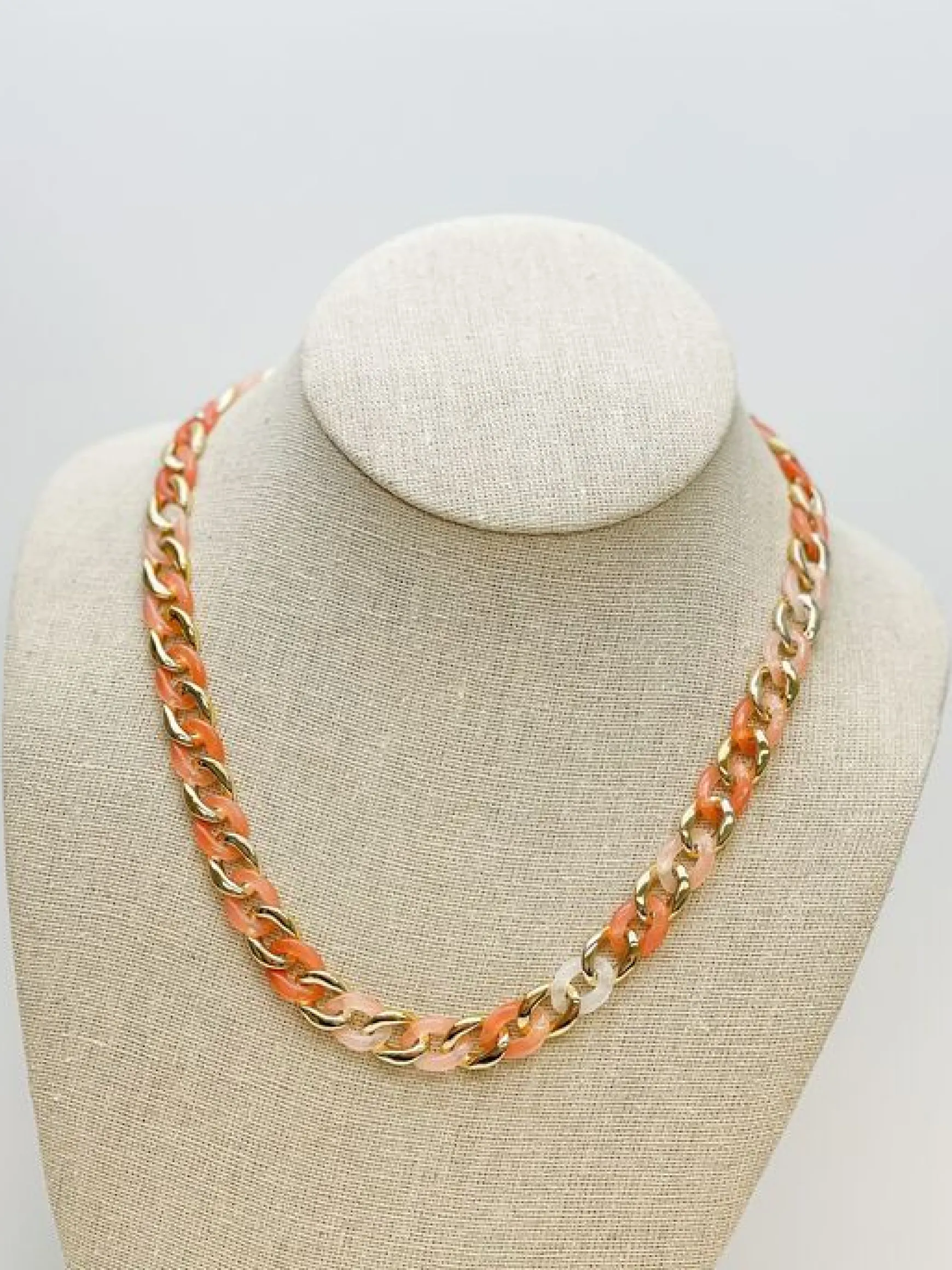 Petite Shiny Gold Link Acrylic Necklace - Coral