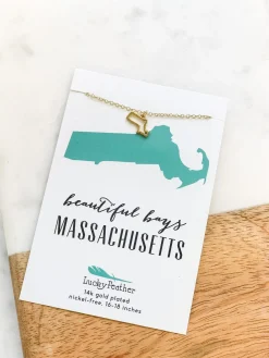 Petite State Outline Pendant Necklaces by Lucky Feather - Massachusetts