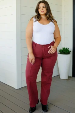 Phoebe High Rise Front Seam Straight Jeans in Burgundy by Judy Blue