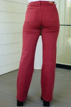 Phoebe High Rise Front Seam Straight Jeans in Burgundy by Judy Blue