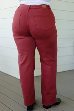 Phoebe High Rise Front Seam Straight Jeans in Burgundy by Judy Blue