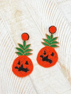 Pineapple Jack-o'-lantern Beaded Dangle Earrings
