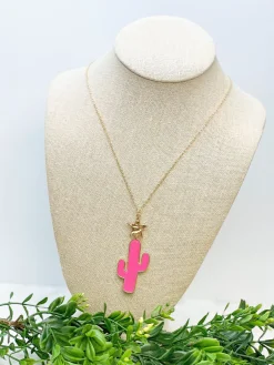 Pink Cactus Enamel Pendant Necklace